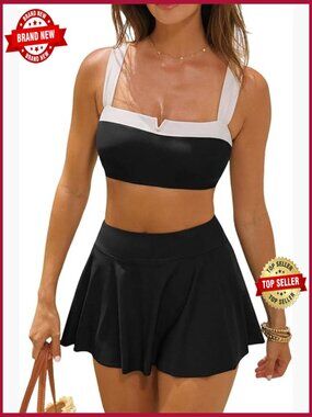 High Waisted Bikini Set with Skirt Bottom Crossback Tie